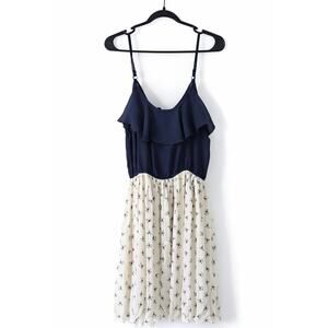 Wet Seal Dress XL Navy Blue Cream Bow Print Y2K Strap Dress Flowy Mini Sleeveles